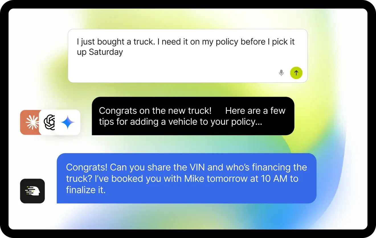 Superagent AI replying to an insurance client about adding a new truck to their policy