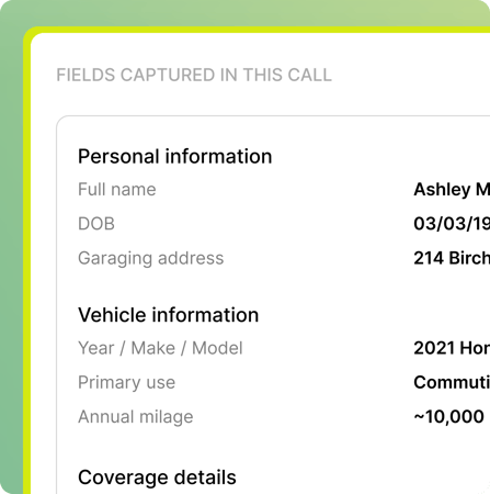 Quoting AI Agent capturing personal, vehicle and coverage fields during a call