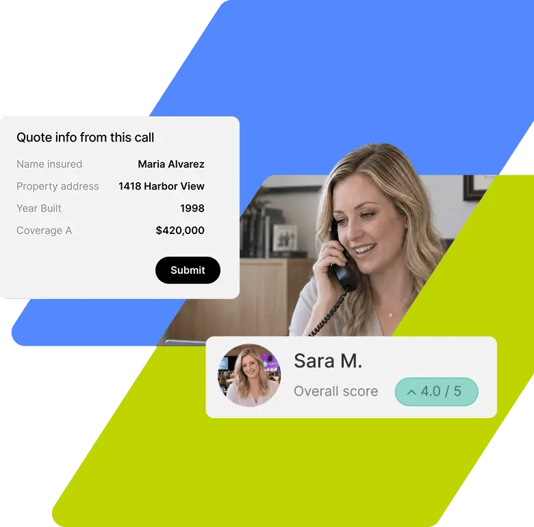 Producer on a call while quote details are captured automatically, with her overall score shown below