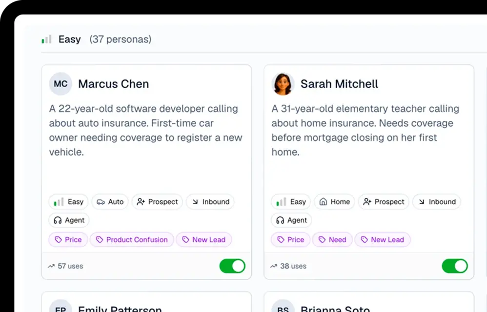 AI roleplay personas for producer training, such as a first-time car owner and a first-time home buyer