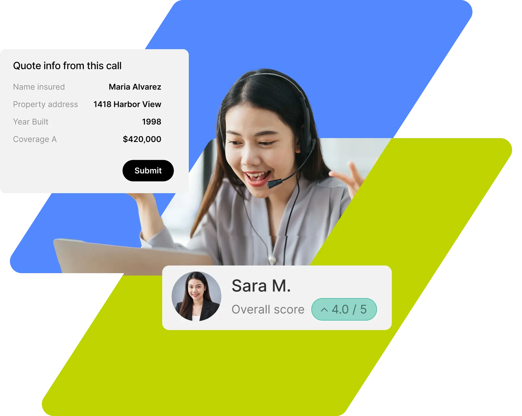 Agent on a call while quote details are captured automatically, with her producer score shown below