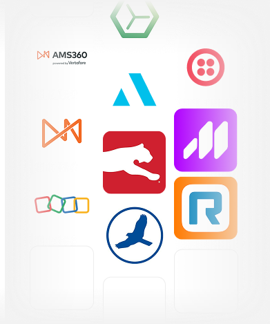 Integrations including Applied Epic, Vertafore AMS360, EZLynx, HawkSoft, AgencyBloc, AgencyZoom, Zoho, Twilio and RingCentral