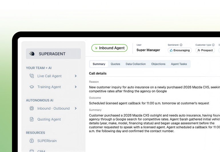 Inbound Agent call summary with reason, outcome, and scheduled callback