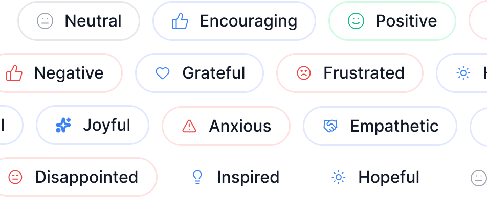Sentiment tags from encouraging to frustrated across analyzed calls