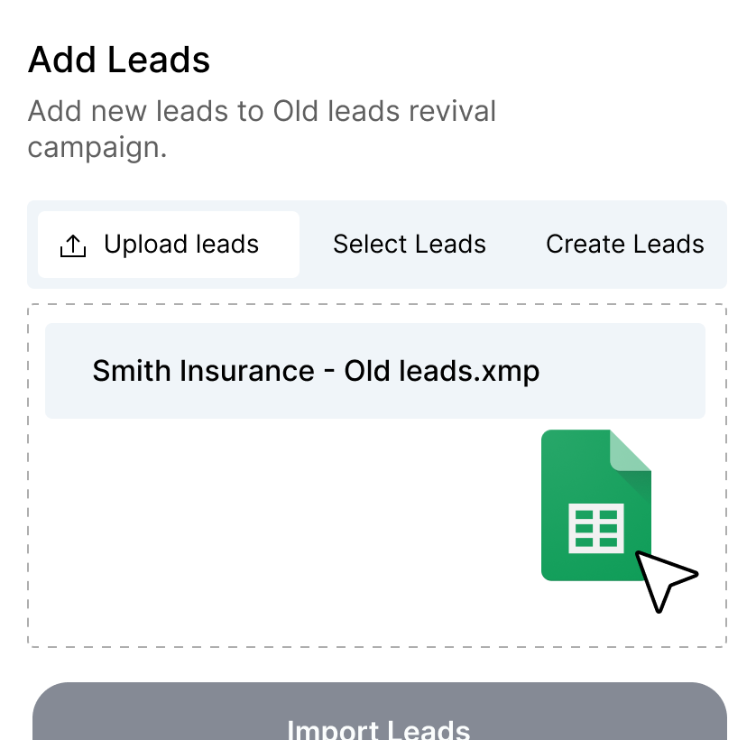 Add Leads panel importing a spreadsheet into a campaign
