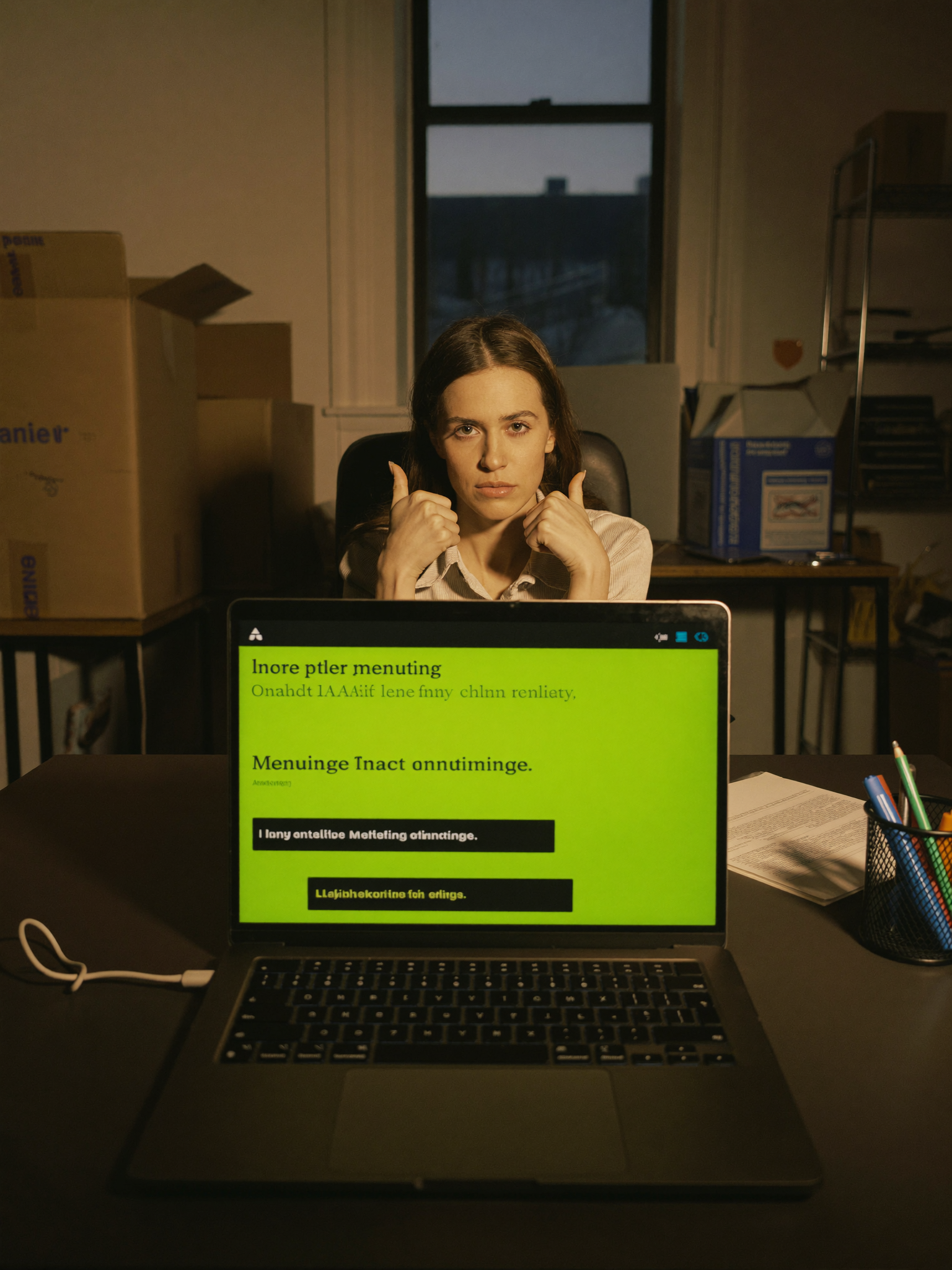 A solo founder working late in her first office