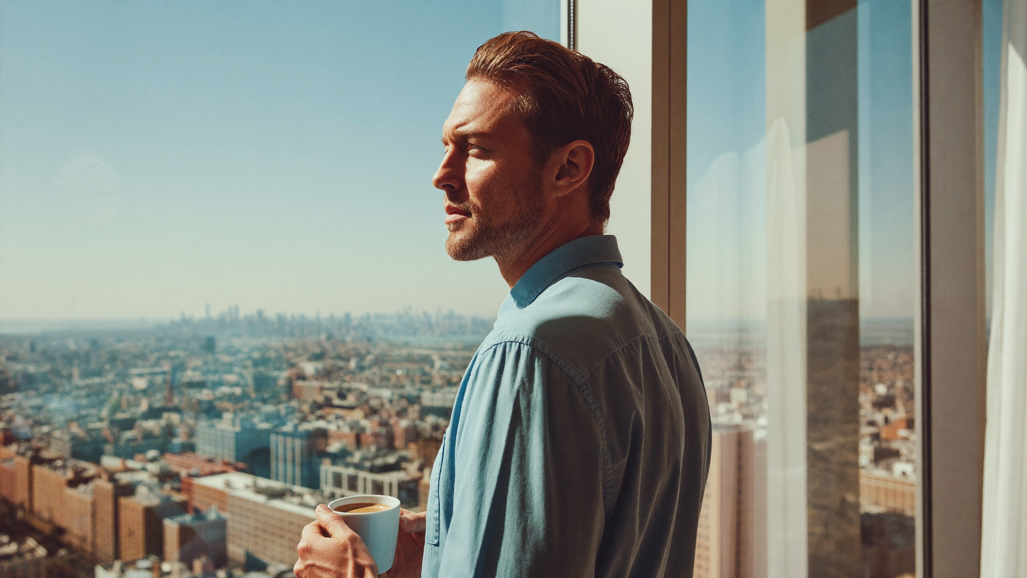 A producer at a bright desk by a window