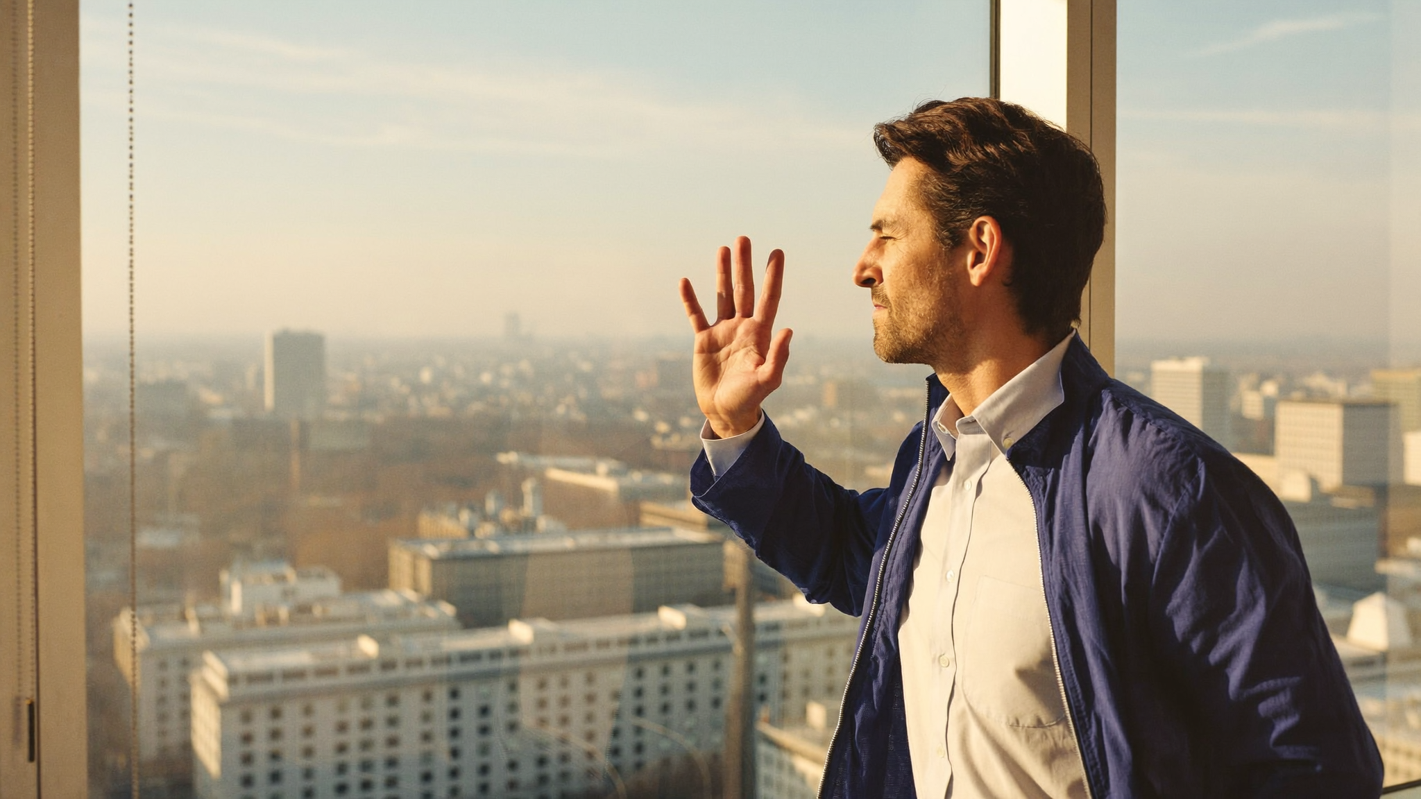 An insurance agent at his office window at dawn