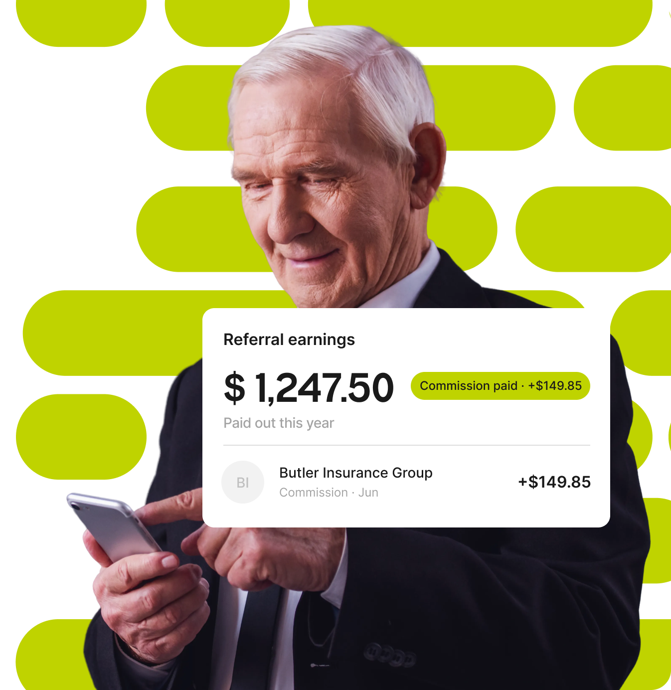 Referral earnings widget showing monthly commission payouts